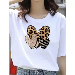 Camiseta Feminina Coração Animal Print Masculino Feminina Camisa Básica Algodão Blusinha Feminina