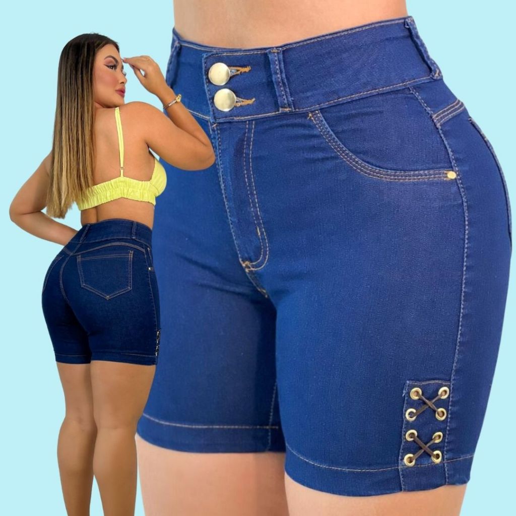 Short jeans preto feminino com ilhós - LOJA ROUPAS & MODA