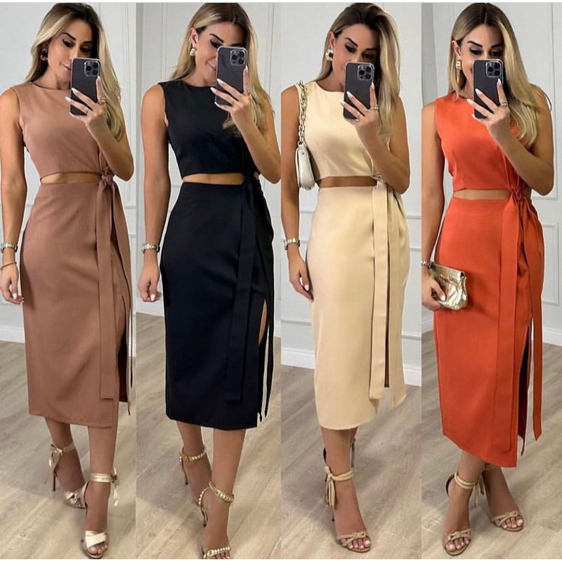 Conjunto Cropped E Saia Midi Em Alfaiataria Lançamento Moda