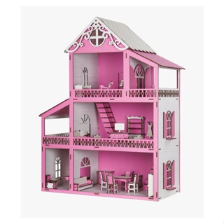 Casinha De Boneca Modelo Americana Mdf Pintada Com 30 Moveis