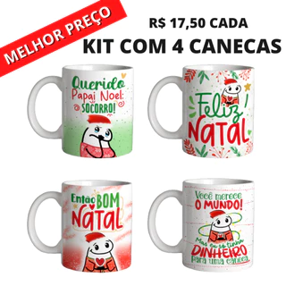 Canecas de Natal Flork Personalizada de Porcelana Kit 4 unidades Ideal para Cesta Presente