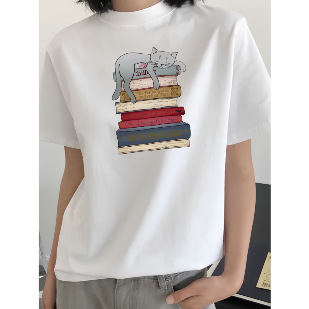 Camiseta Estampa Gato Livros Masculino Feminina T Shirt Poliéster Confort