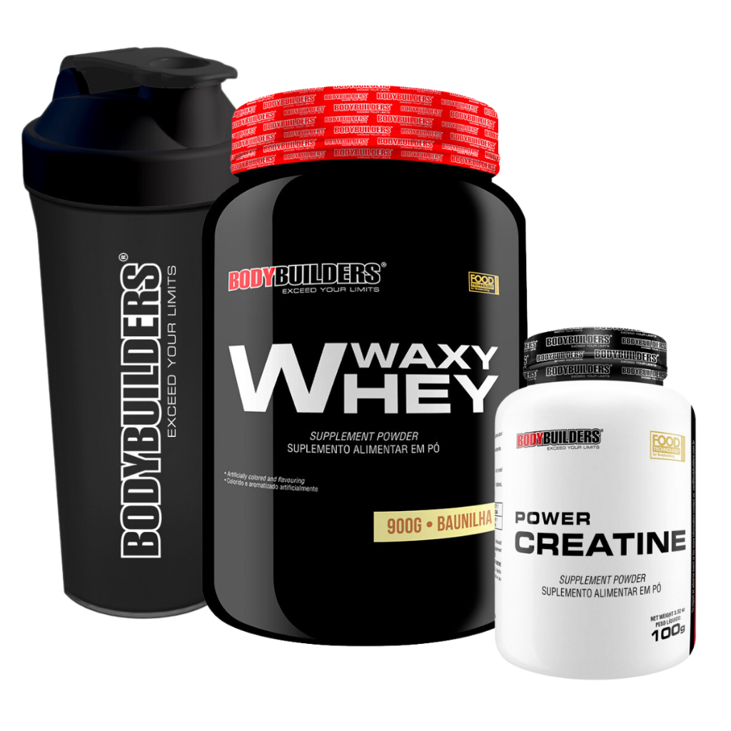 Kit Waxy Whey 900g + Power Creatina 100g + Coqueteleira 600ml - Bodybuilders Suplemento para Definição e Performance