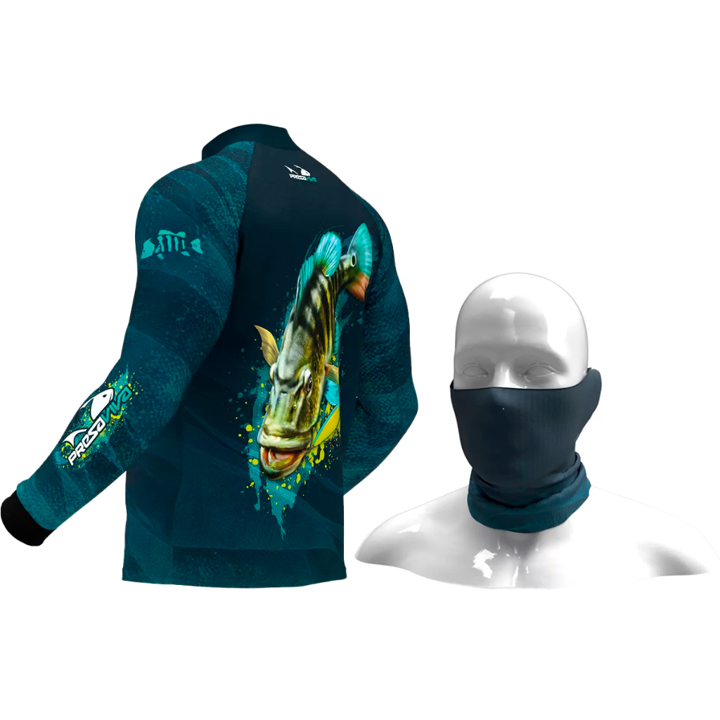 Camisa Camiseta Pesca e Tube Neck Tucunaré Azul ref04 - Presa Viva