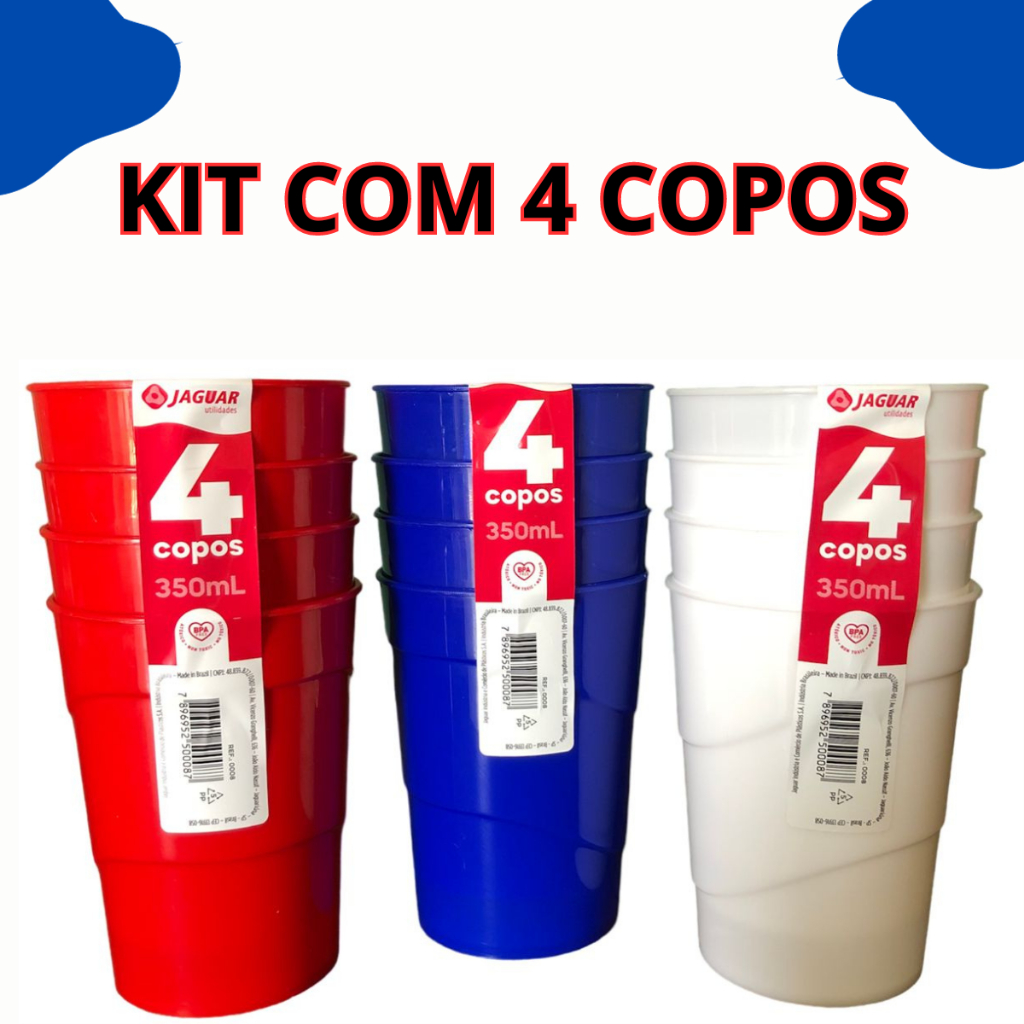 Kit 4 Copos Plástico 350ml Jaguar Resistente Colorido