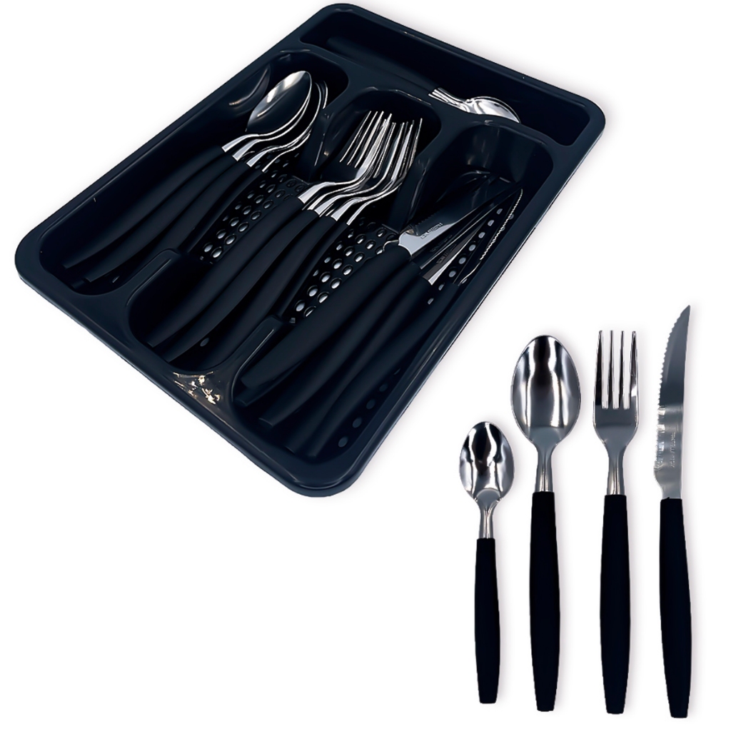 Jogo De Talheres Inox Com 24 Peças + Suporte Gaveteiro Preto