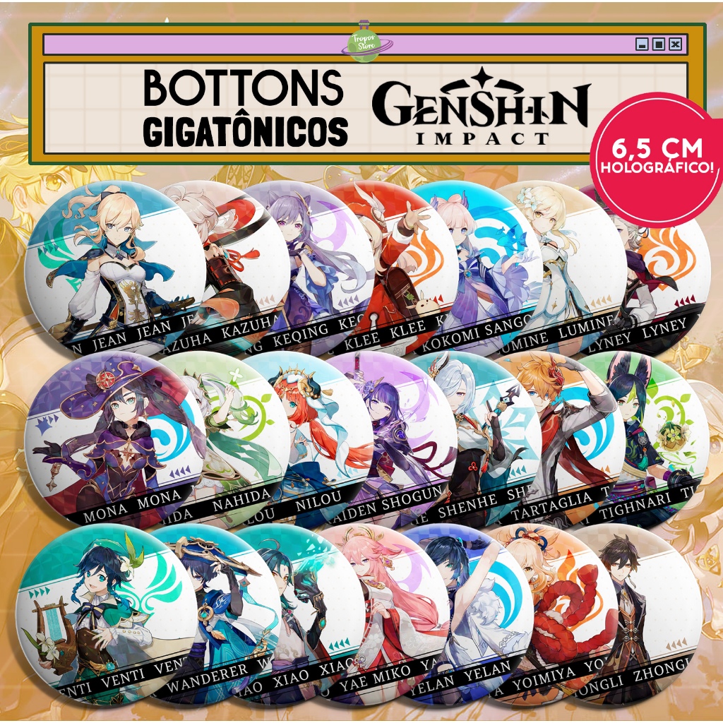 Bottons Giga Premium Genshin Impact - Gigantes 6,5cm Holográficos