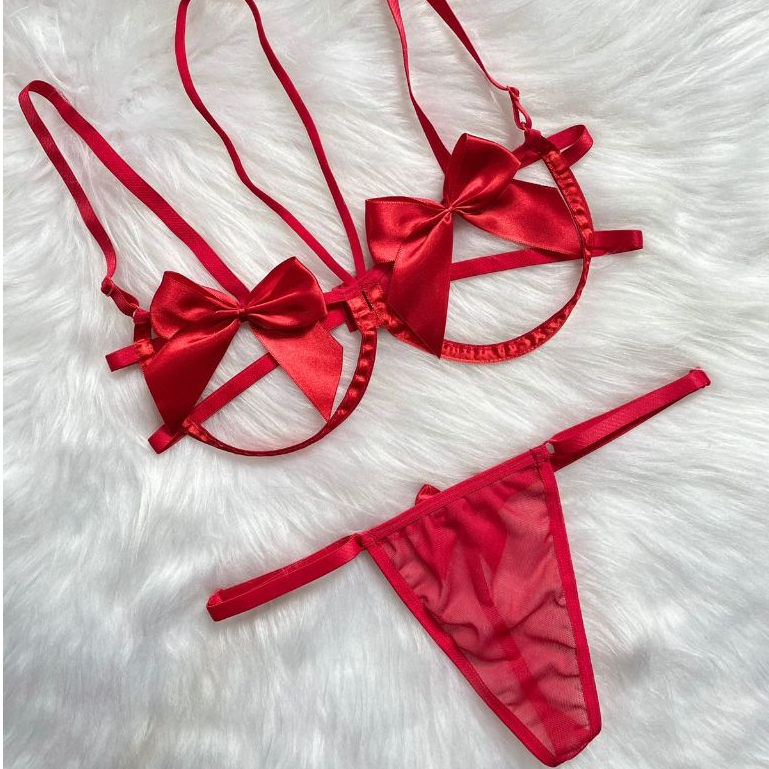 Conjunto De Lingerie Sensual Sutiã Aro Laço Calcinha Fio Dental De Tule