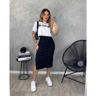 Look com saia store midi preta justa