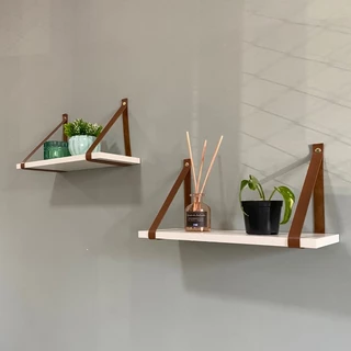 Kit 2 Prateleira Mdf Branca 45x15 Alça Marrom Couro Ecológico Resistente