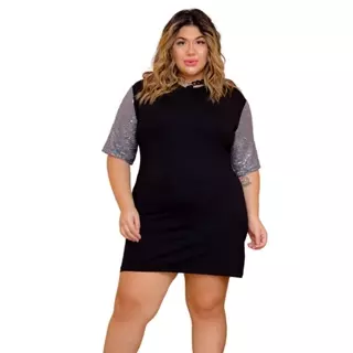 Vestido Camisão Manga Curta Paetê Plus Size Soltinho - Maitê
