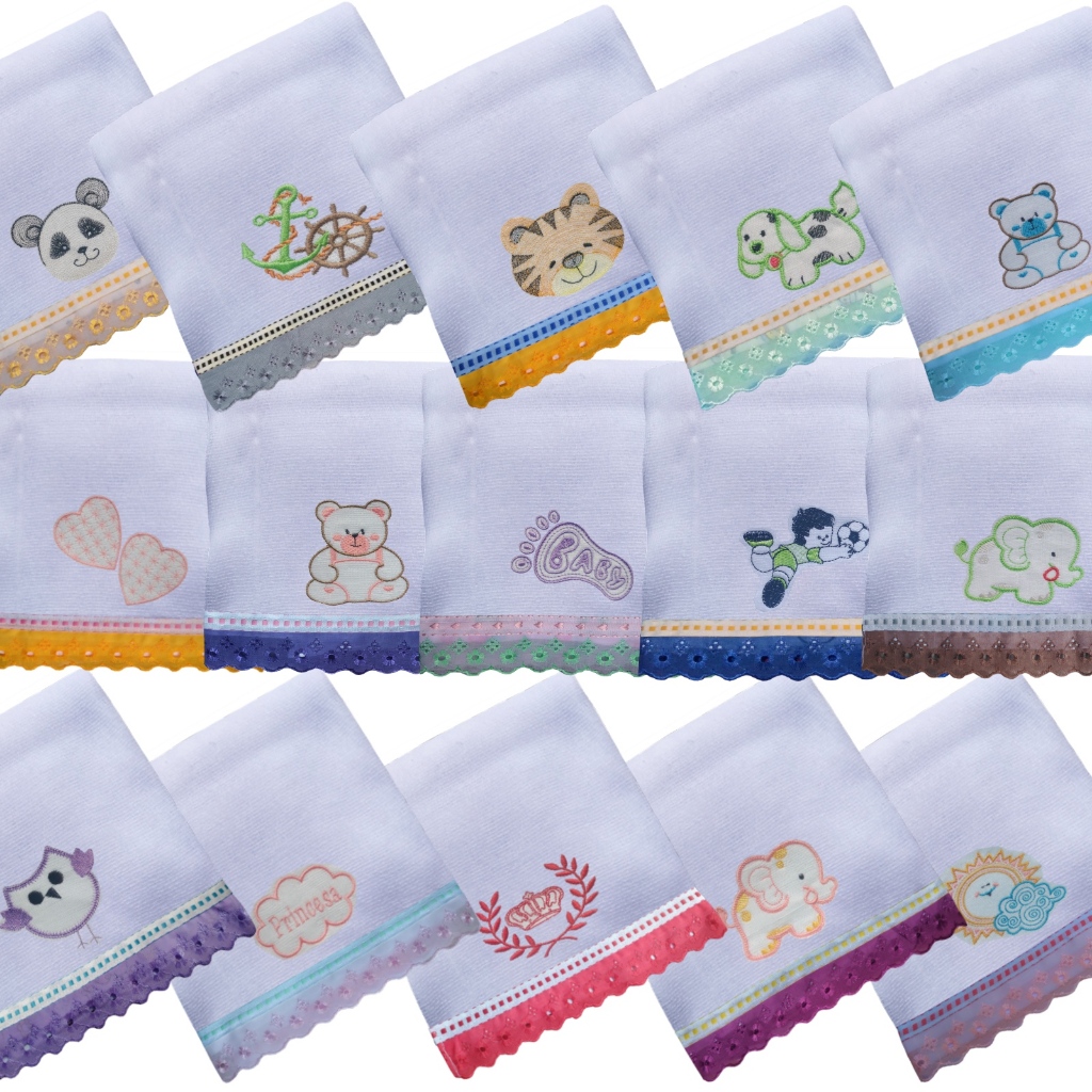 Fraldinhas de boca bordadas 10 Unidade - Babete Fraldinha 33 x 33 cm Bebê menino e menina