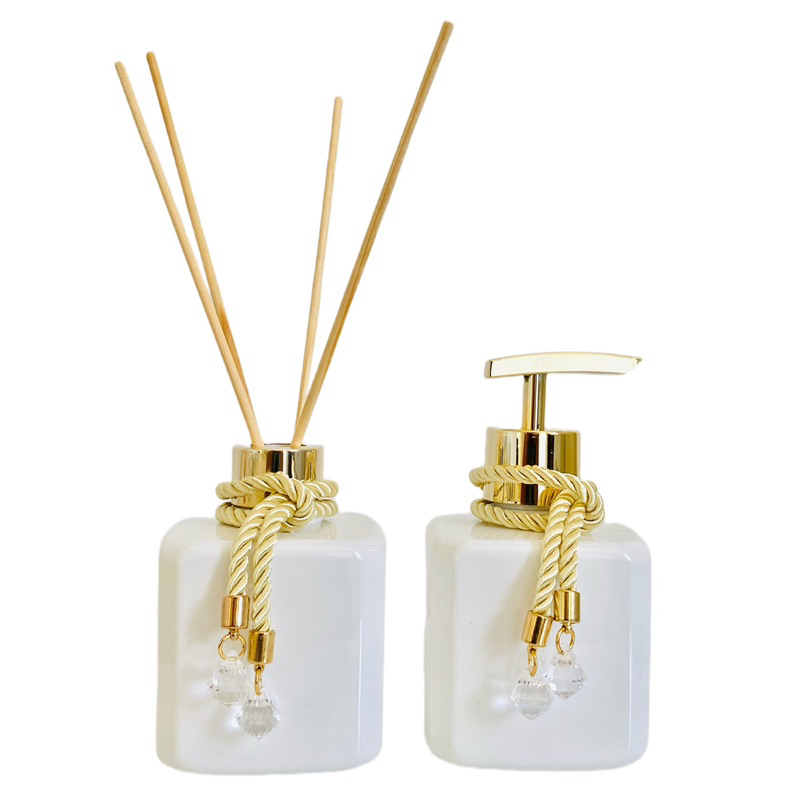 Kit Lavabo Banheiro Saboneteira Difusor Aromatizador Luxo Pet 300ml