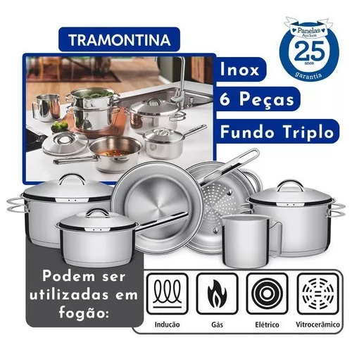 Jogo De Panelas Tramontina Solar Em Aço Inox Com Fundo Triplo E Tampas De  Inox 6 Peças - VIA INOX – TRAMONTINA