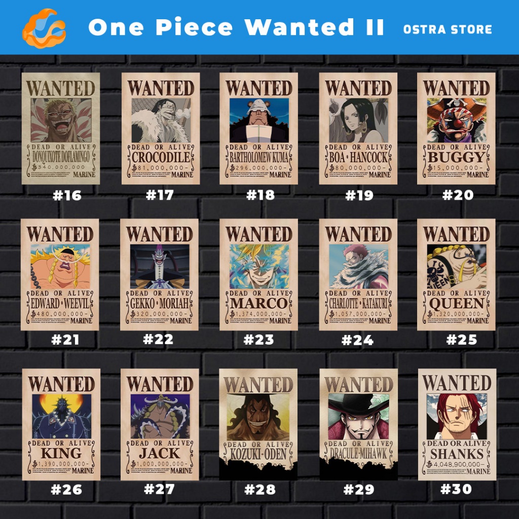 One Piece Wanted II de 16 a 30 - Placa MDF & Quadro com Moldura