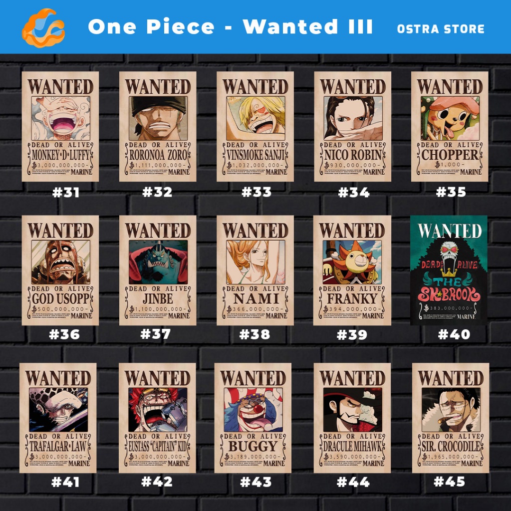ONE PIECE wanted slete【限定品】 One Piece Wanted III de 31 a 45 - Placa MDF & Quadro com Moldura