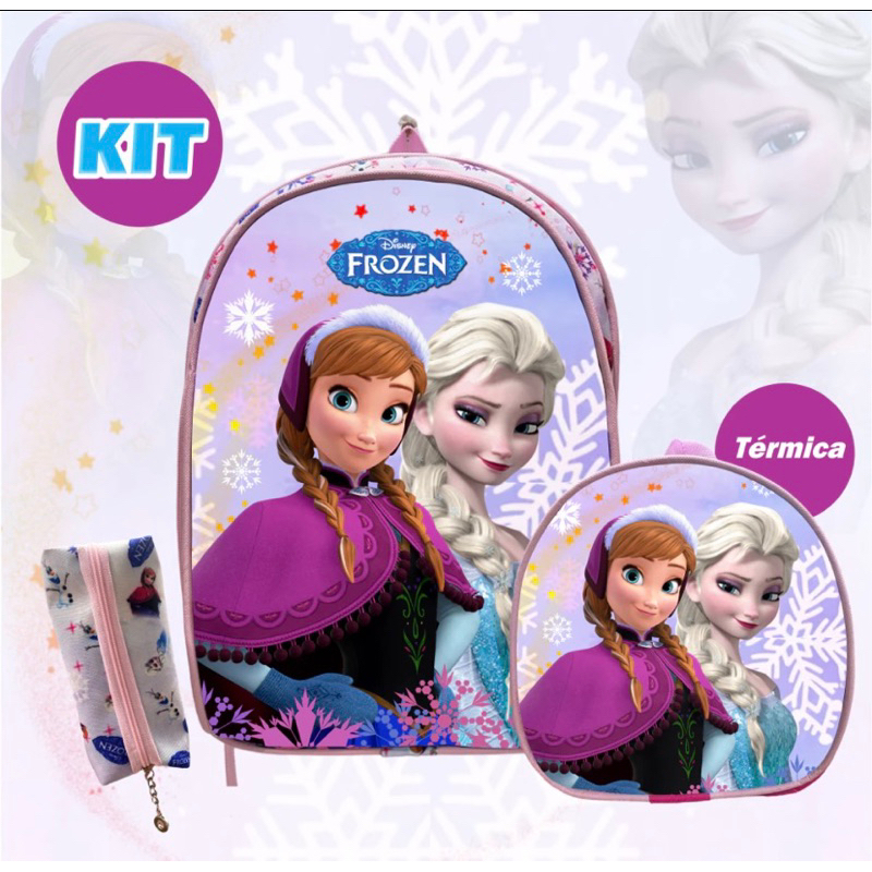 Kit Mochila Infantil Menina + Lancheira Térmica Escolar Feminina + Estojo Frozen