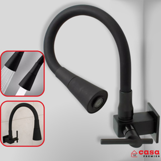 Torneira Cozinha Parede Para Pia De Cozinha Gourmet Luxo Preta Flexível 2 Jatos Chuveirinho