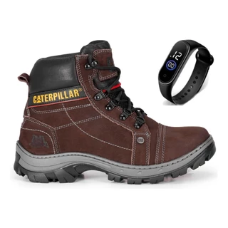 Bota Coturno Caterpillar Original Couro Legitimo Confortável Resistente + Palmilha Gel + Relógio