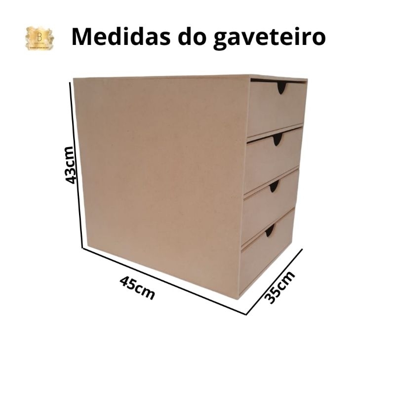 Organizador para Folhas A3 Gaveteiro Grande 4 Gavetas para Acessórios Maquiagem em MDF Crú 6mm Para Escritório e Casa Suporta 500 Folhas na Vertical por Gaveta