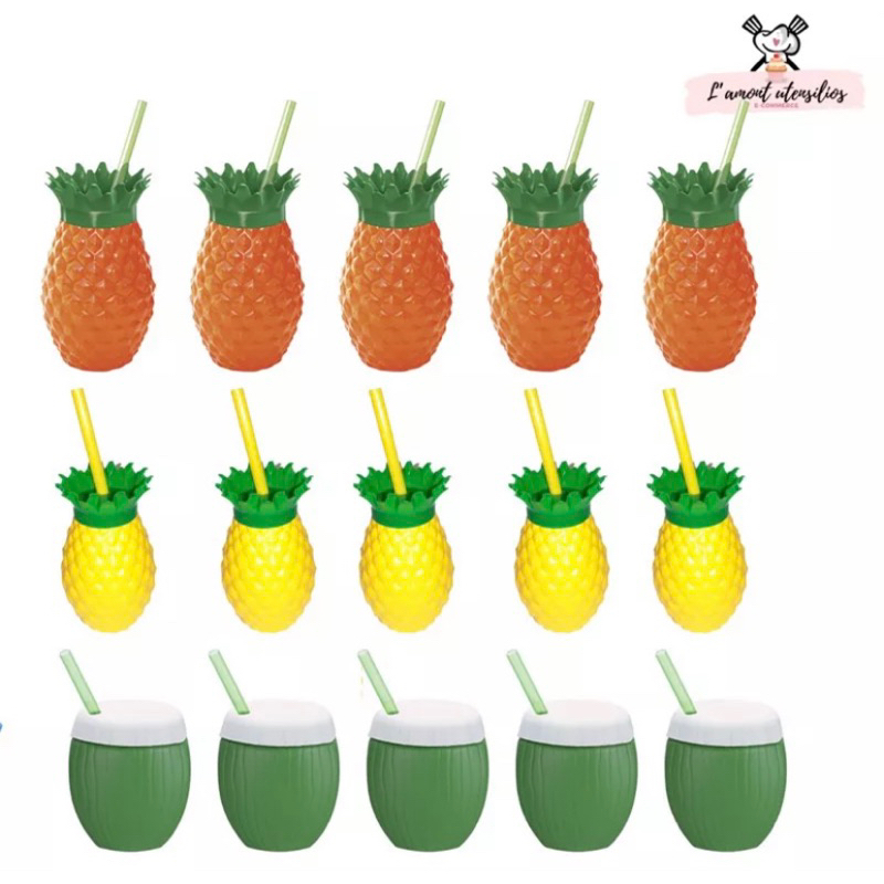 Kit Copo Abacaxi Amarelo/Laranja E Coco Festa Tropical - 15 Unidades Injetemp