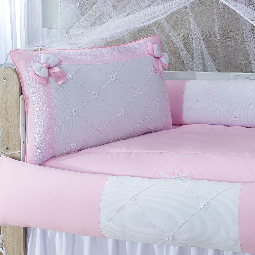 Kit Berço Florzinha Laço Menina Especial Algodão Bordado Premium com Saia e Edredom com Manta Americano Rosa