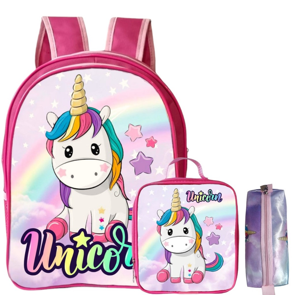 Mochila Infantil Feminina Escolar Juvenil + Estojo + Lancheira Bolsa Térmica