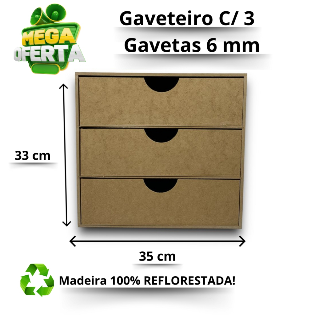 Gaveteiro Organizador Com 3 Gavetas Mdf Cru Multiuso