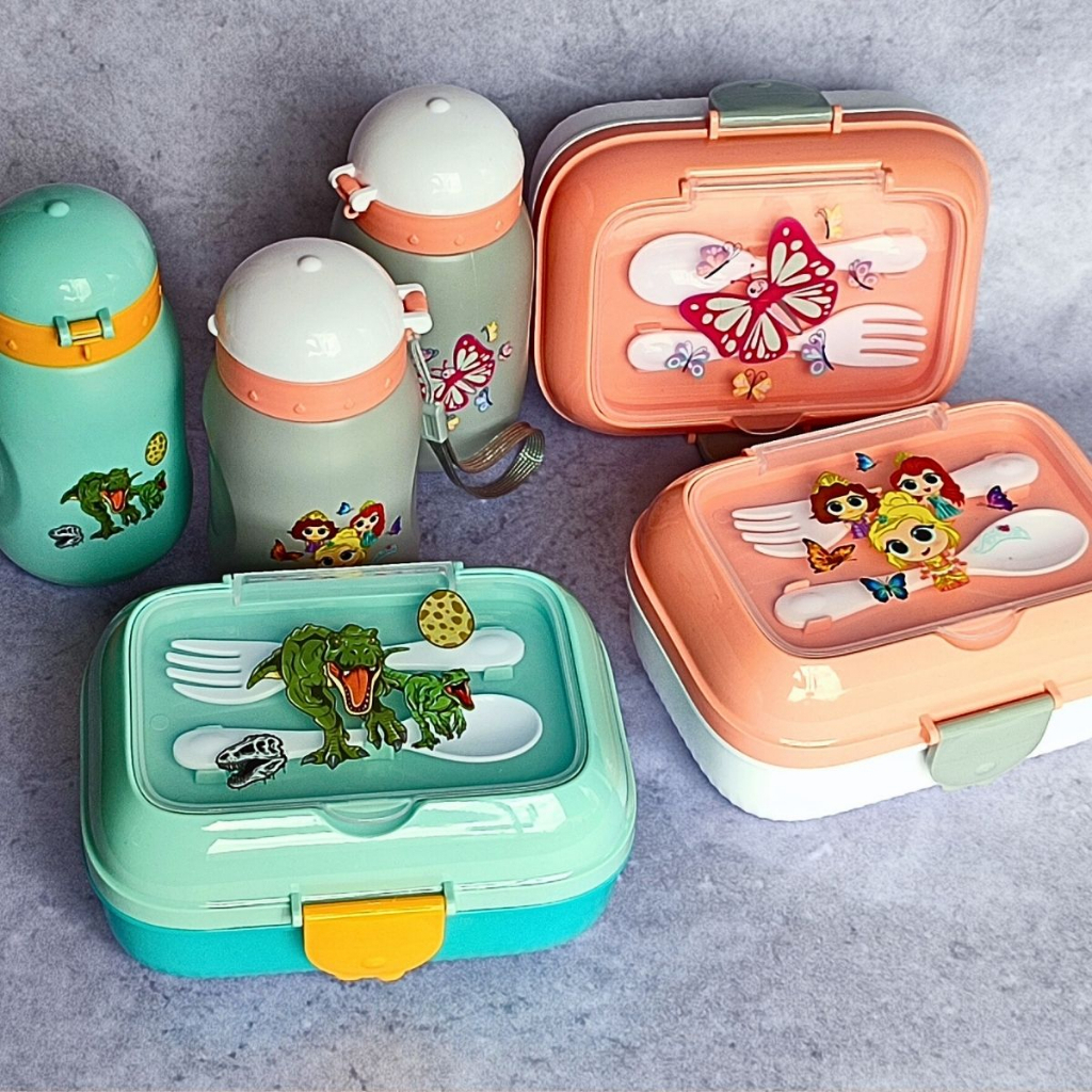 Kit Marmita Infantil com Talheres de Plástico e Garrafa de 500ml com Canudo Lancheira