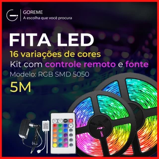 Fita LED 5050 Super Led Ultra RGB 5M 12v 300 Leds | Fita + Controle + Fonte | 16 Cores IP20 Pronta Entrega