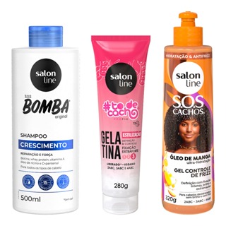 Kit com Shampoo SOS Bomba + Gelatina #todecacho + Gel SOS Cachos Salon Line