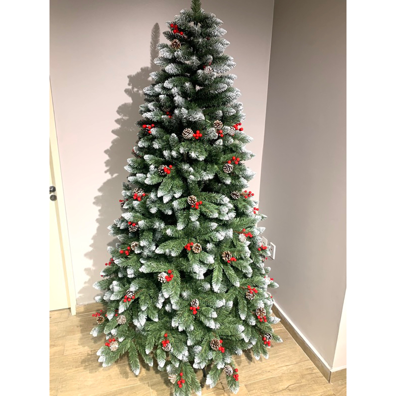 Árvore de Natal Pinheiro Neve com pinha e azevinhos 1.20m 200galhos e 1.80m 648 galhos