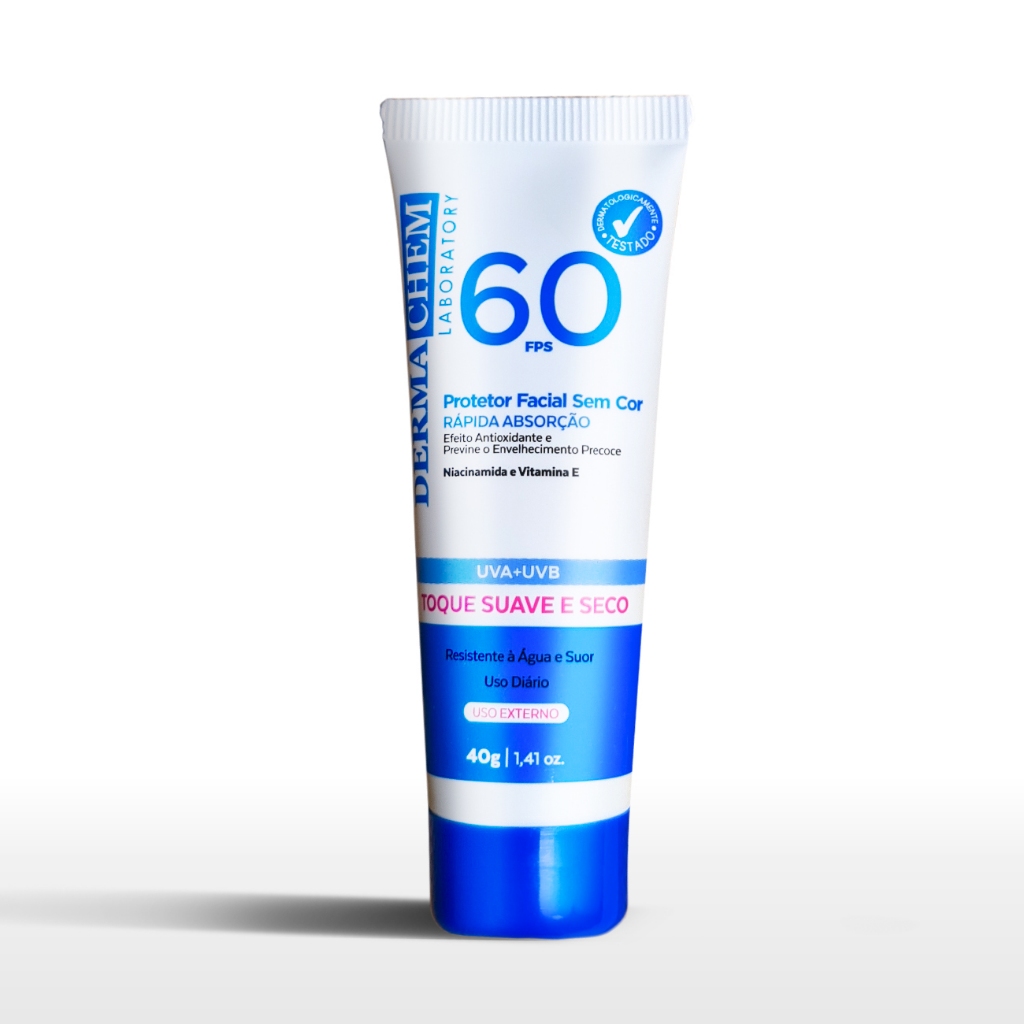 Protetor Solar Facial DermaChem Toque Seco Incolor Uso Diário FPS 60 40g