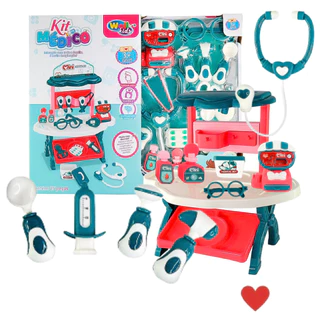 Brinquedo Kit Médico 25 Peças Infantil c/ Mesinha Bancada Seringa Estetoscópio Termômetro Caixa de Remédios Otoscópio p/ Crianças