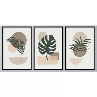 Quadro Decorativo 03 Peças 40x60 - Folhas Abstratas Estilo Boho - Placas Sem Molduras Para Decoração de Qualquer Ambiente