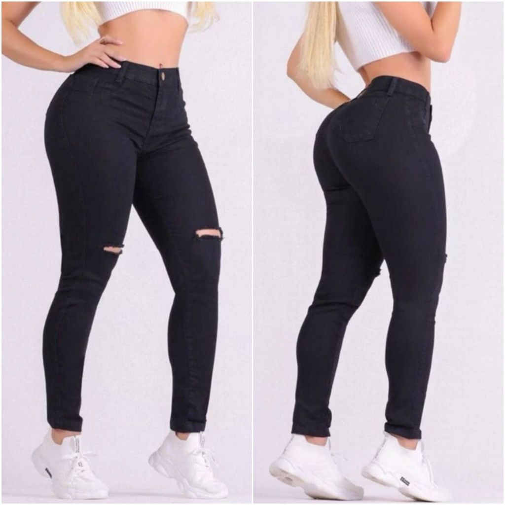 Calça Jeans Preta Rasgada No Joelho Skinny Feminina Cintura alta Levanta  Bumbum Com Lycra