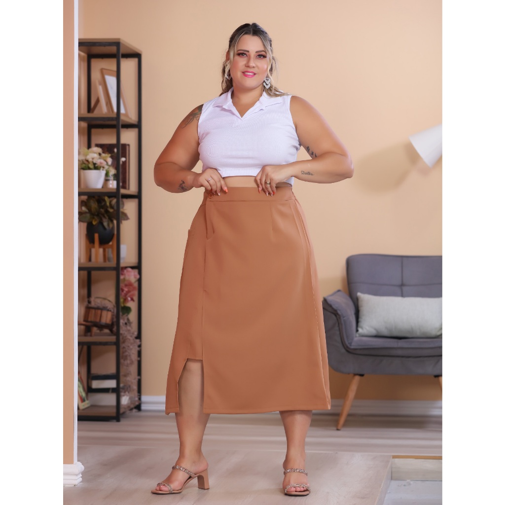 Saia Plus Size Midi Rodada Moda Modesta Acinturada Elegante