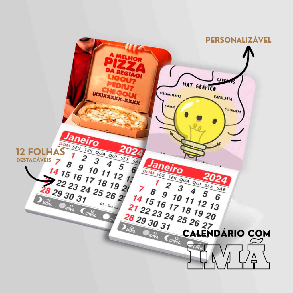 Imã de Geladeira com Calendário 2024 - Personalizado 50 Und