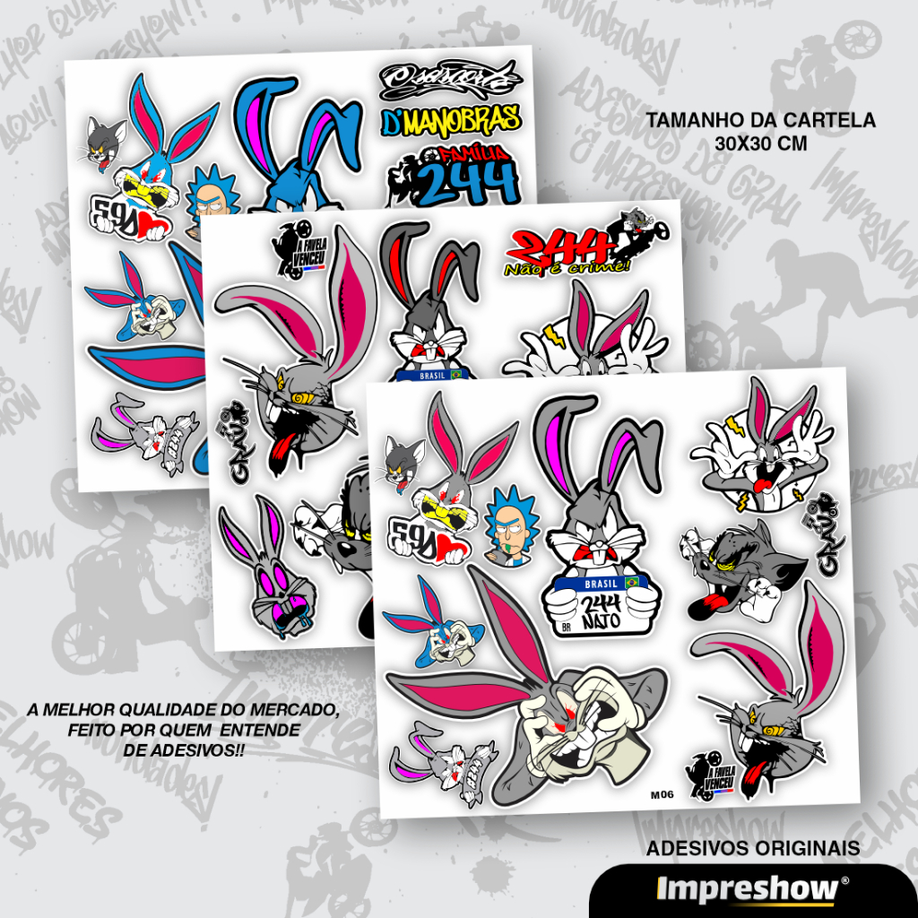 Kit 3 Cartelas ADESIVOS Coelho 244 Pernalonga Para Moto Bike ...
