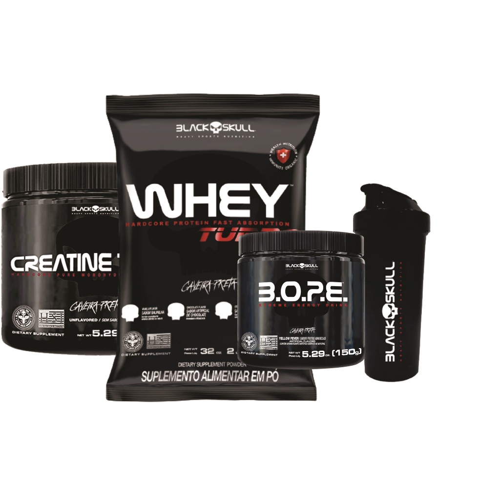 Kit Whey Turbo 907g + Creatina Turbo 150g + Pré Treino Bope 150g Frutas Vermelhas + Coqueteleira 600ml