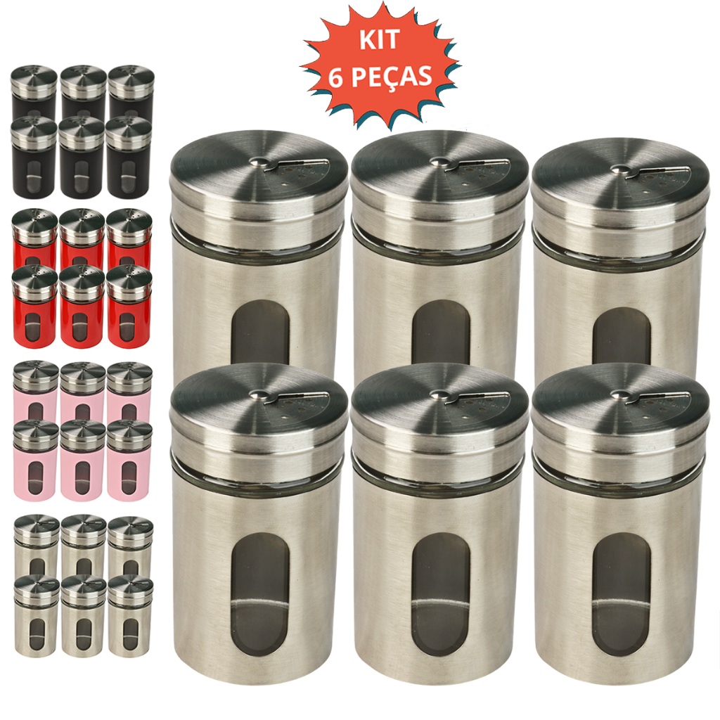 Kit 6 Porta Temperos condimentos Potes Vidro e Inox Premium