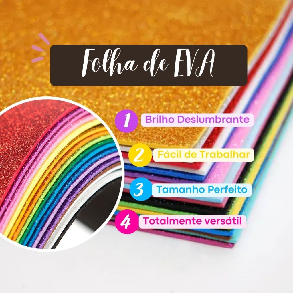 Placas De Eva Com Glitter 40x60 Kit Com 05 Folhas Colorido Artesanato Papel Folha De Eva 9929