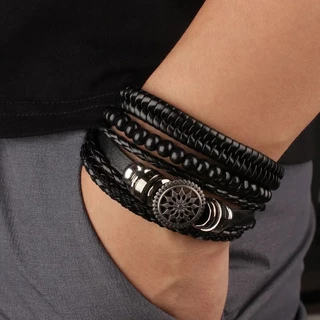 Kit com 4 Pulseiras Braceletes de couro Masculinas Linha Premium