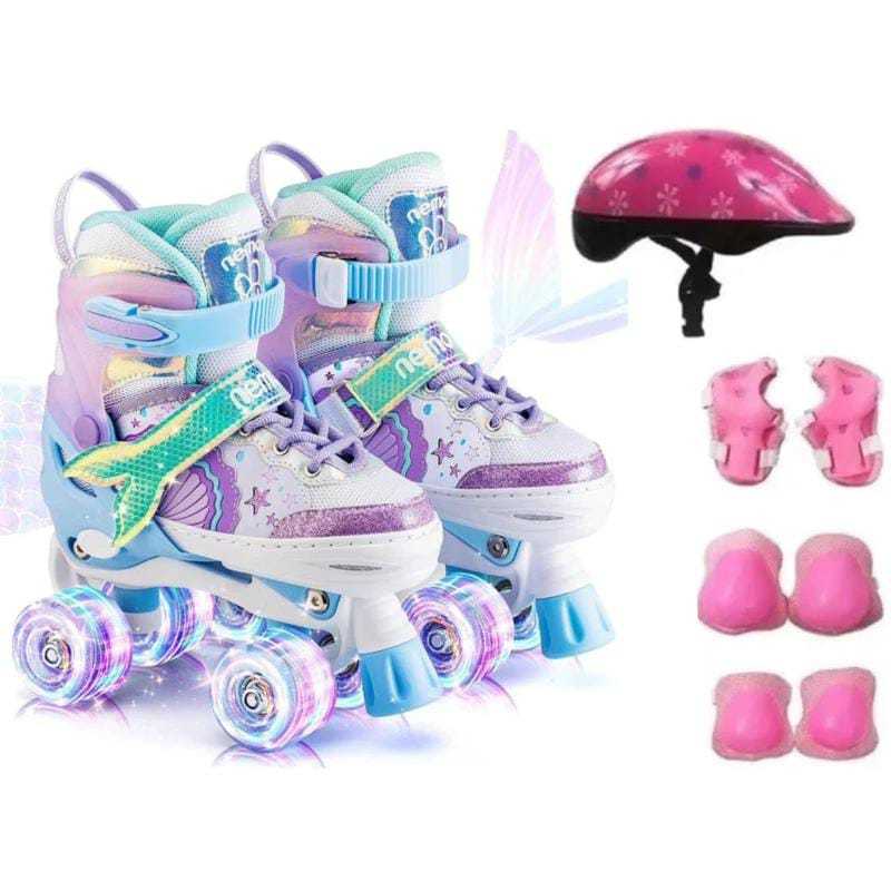 Patins infantil SEREIA 4 Rodas Ajustável com luz de Led na cor Rosa Lançamento.