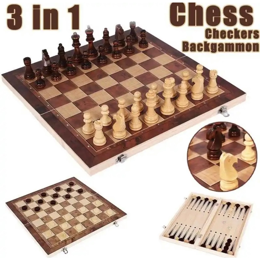 Jogo xadrez dama gamo madeira tabuleiro 3 em 1 40x40