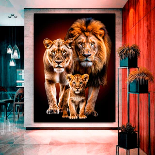 Quadro Decorativo Mosaico 1 Peça Leão Judá Família Leoa Filhote Fé Amor Gratidão Safari Imagem Realista HD Delicada Vintage Modular Luxo Grande Gigante