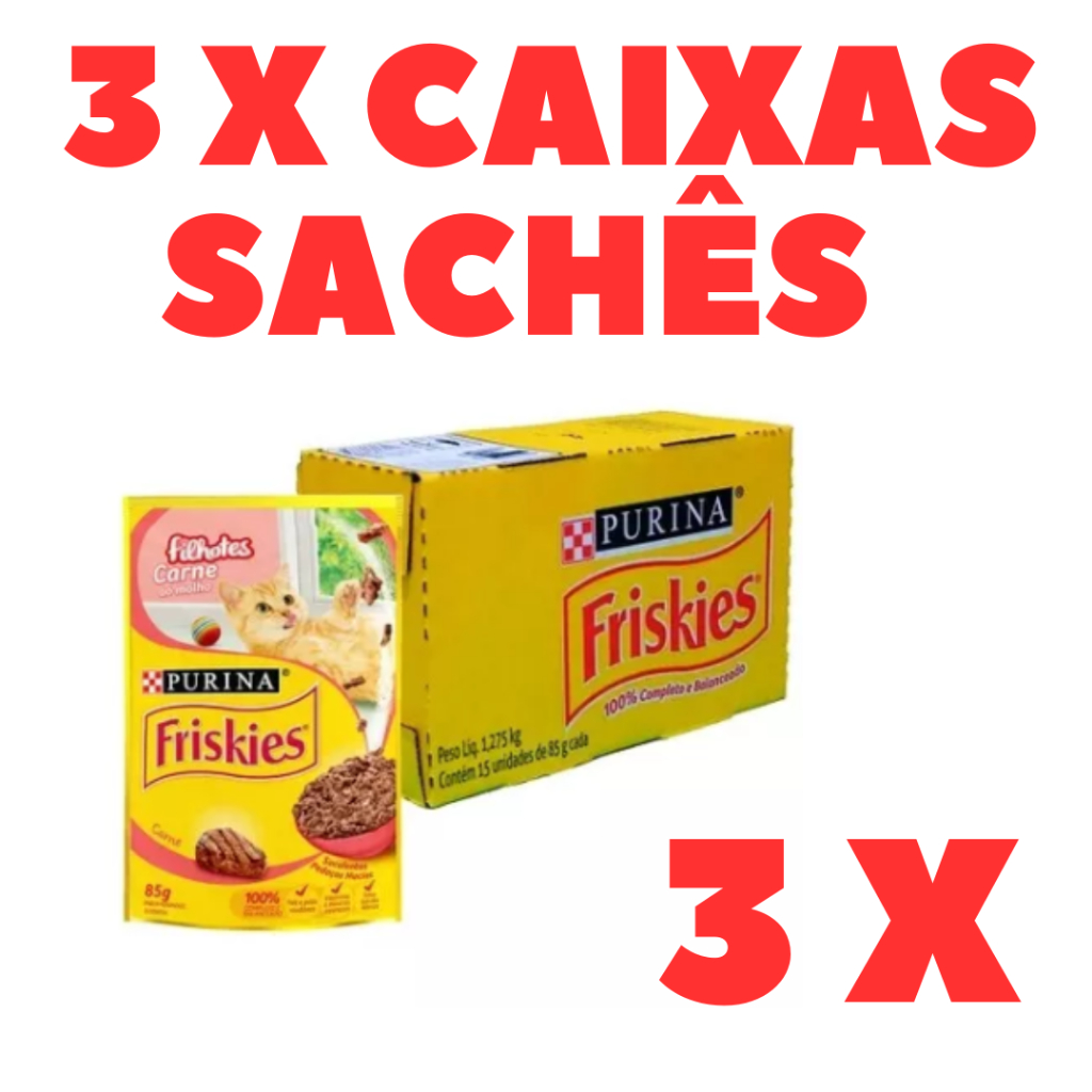 Kit 3 caixas de sachê friskies ração umida para gatos - Sachê Friskies 85g caixa fechada com 15 Unidades