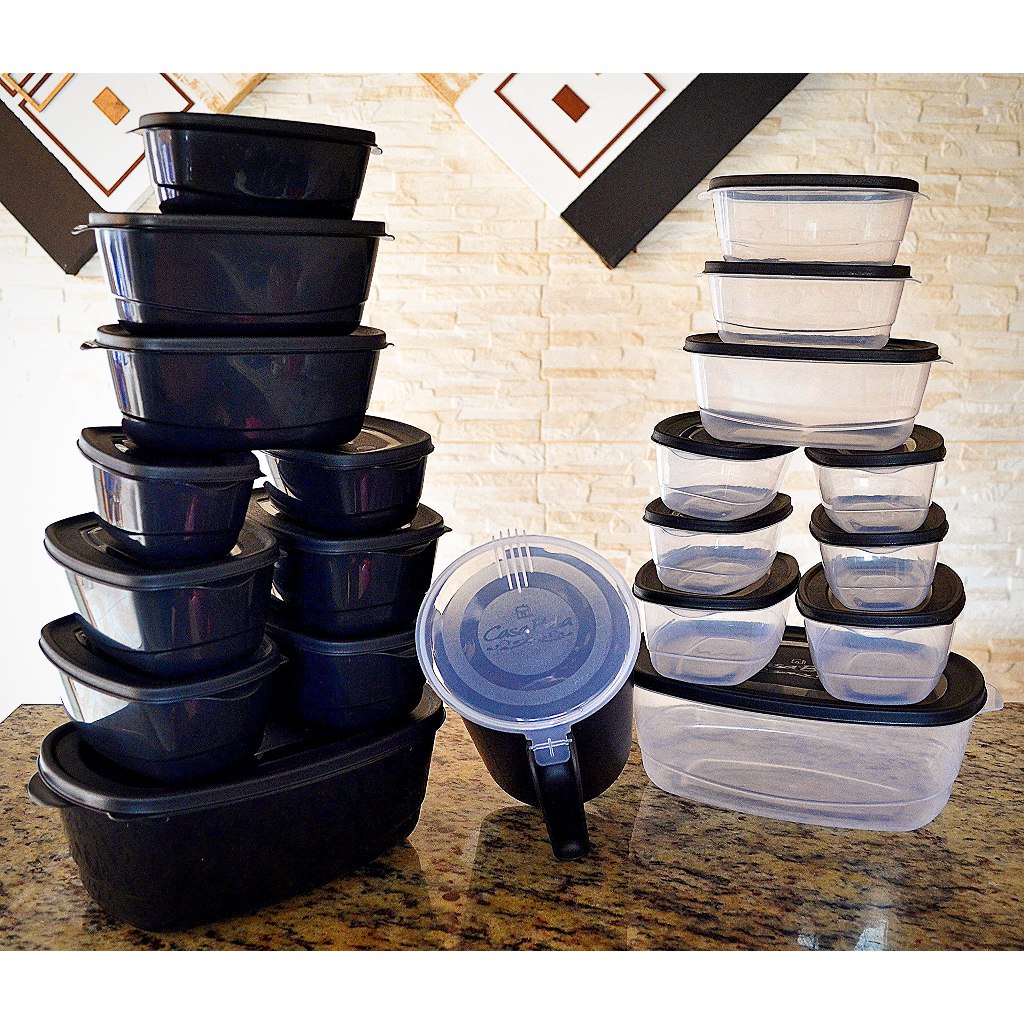 Kit 21 peças de plástico Herméticos potes Retangular de Plástico mais Jarra 1.500 ML