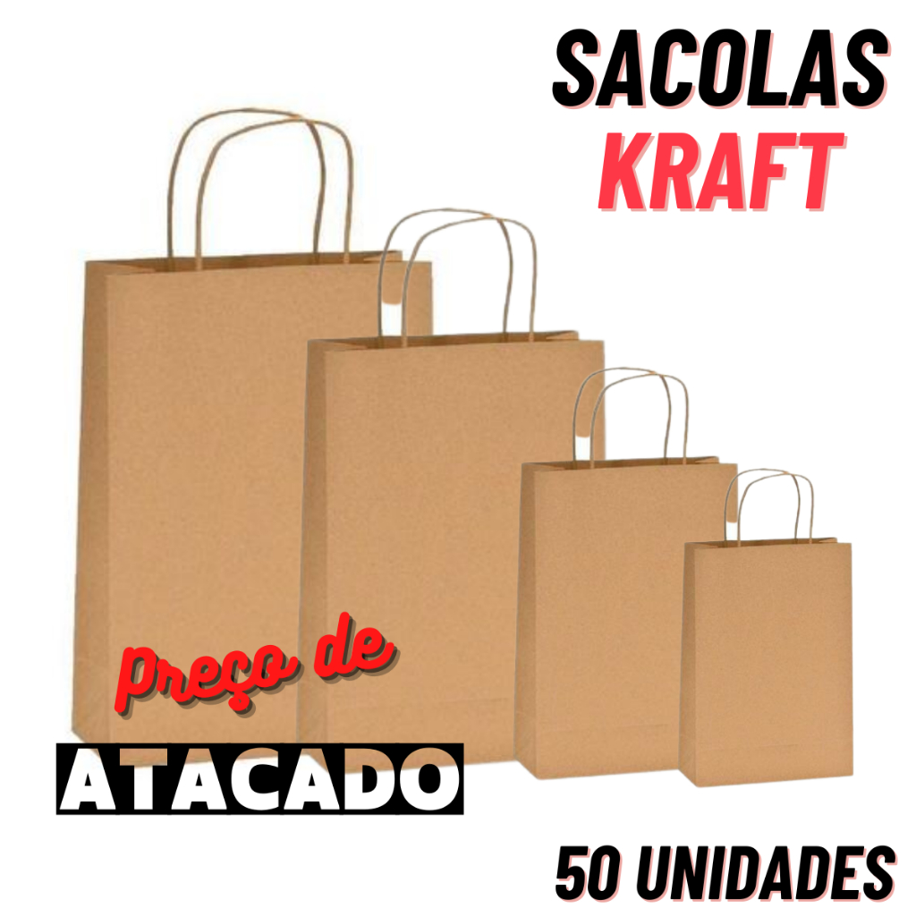 50 Sacolas Kraft (PP), (P), (M) e (G) Sacolinha de Papel para Lojas, boutiques de moda, loja de roupas, presentes