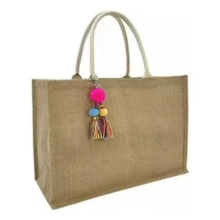 Bolsa de praia de palha de juta feminina com chaveiro Sacola Ecobag